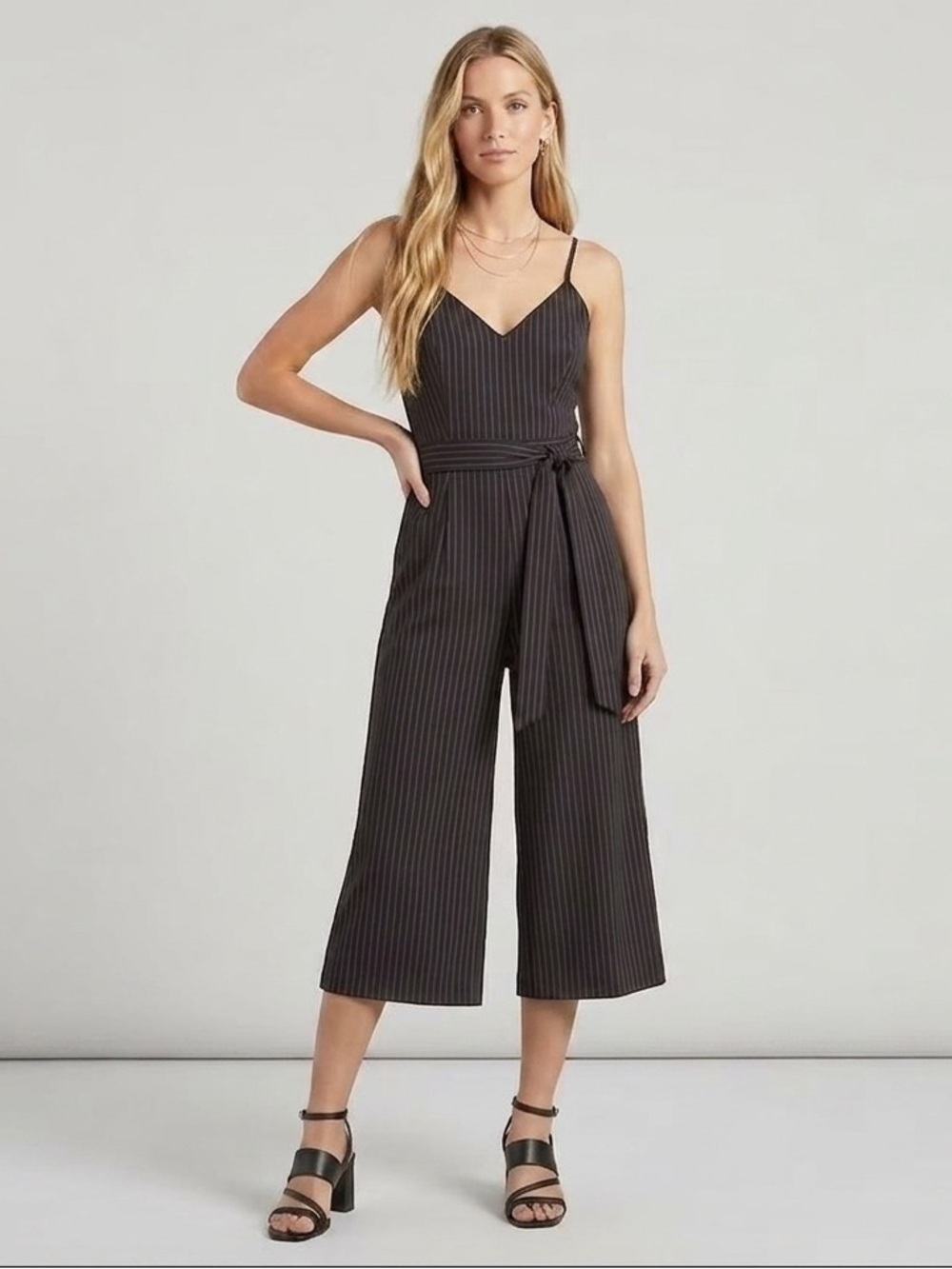 Wool blend pin striped Women's  Wide Leg Jumpsuit capri size L💎 casual office